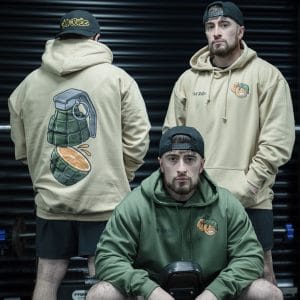 Hoodie with hand-drawn grenade on the back.